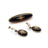 Antique Victorian 9K Yellow Gold and Jet Enamel Mourning Set. Seed Pearl decoration to centres.