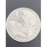 French Silver One Franc coin 1993 issued to commemorate the 50th anniversary of D Day. Detailing the