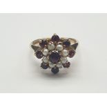 9K Yellow Gold Garnet and Seed Pearl Cluster Ring. 3.4g. Size L