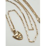 9K Yellow Gold Necklace with Actors Mask Pendant. 60cm. 3.27g