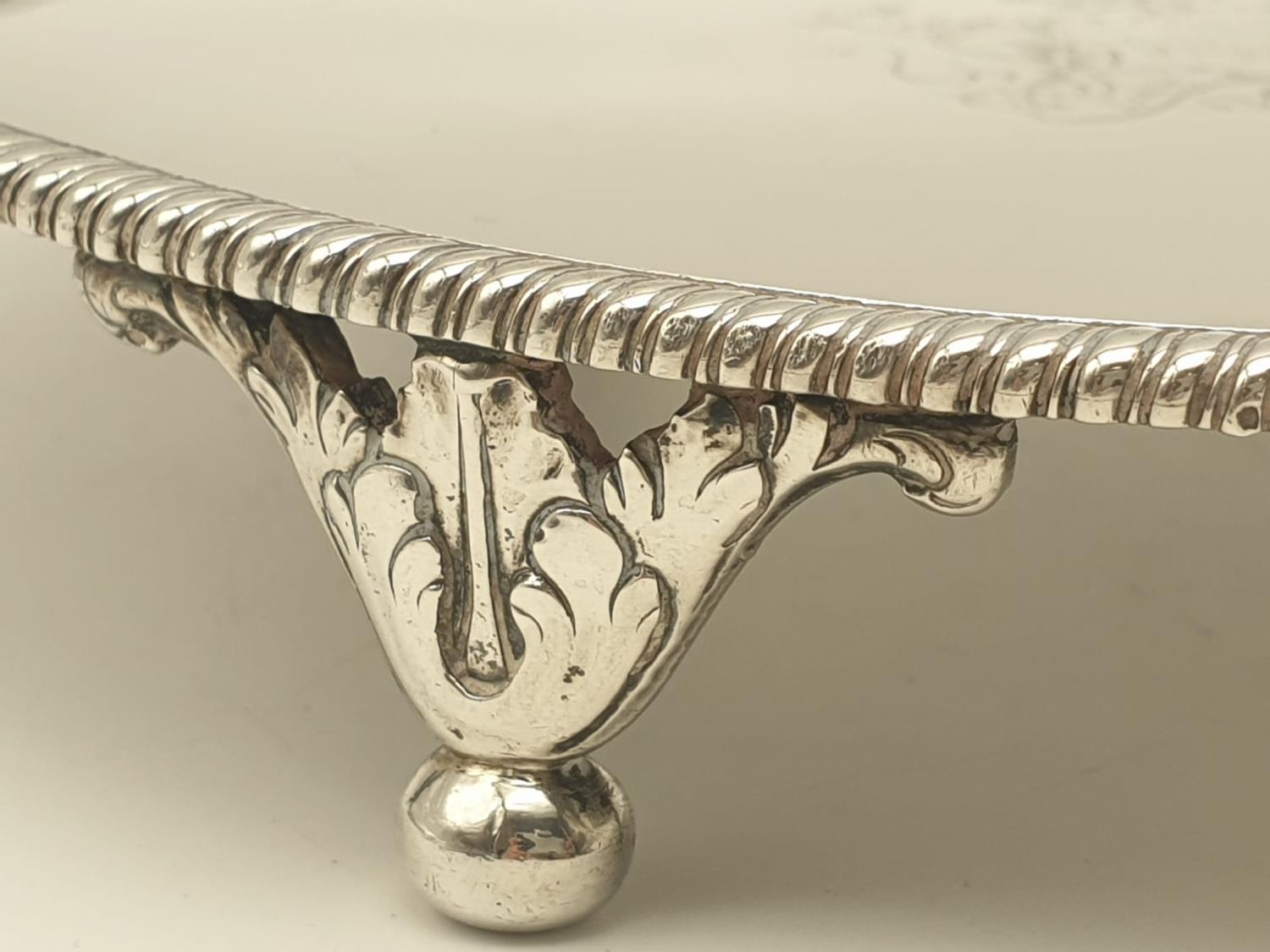 Antique Georgian Silver Footed Tray. Ornate decorative edge and feet. Love and Serve shield and - Image 5 of 9