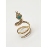 18K Yellow Gold Snake Ring with Turquoise and Sapphire Set. 5.3g. Size N