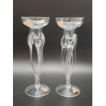 Pair of Retro Glass Candle Holders. Leaf Decoration. 21cm tall