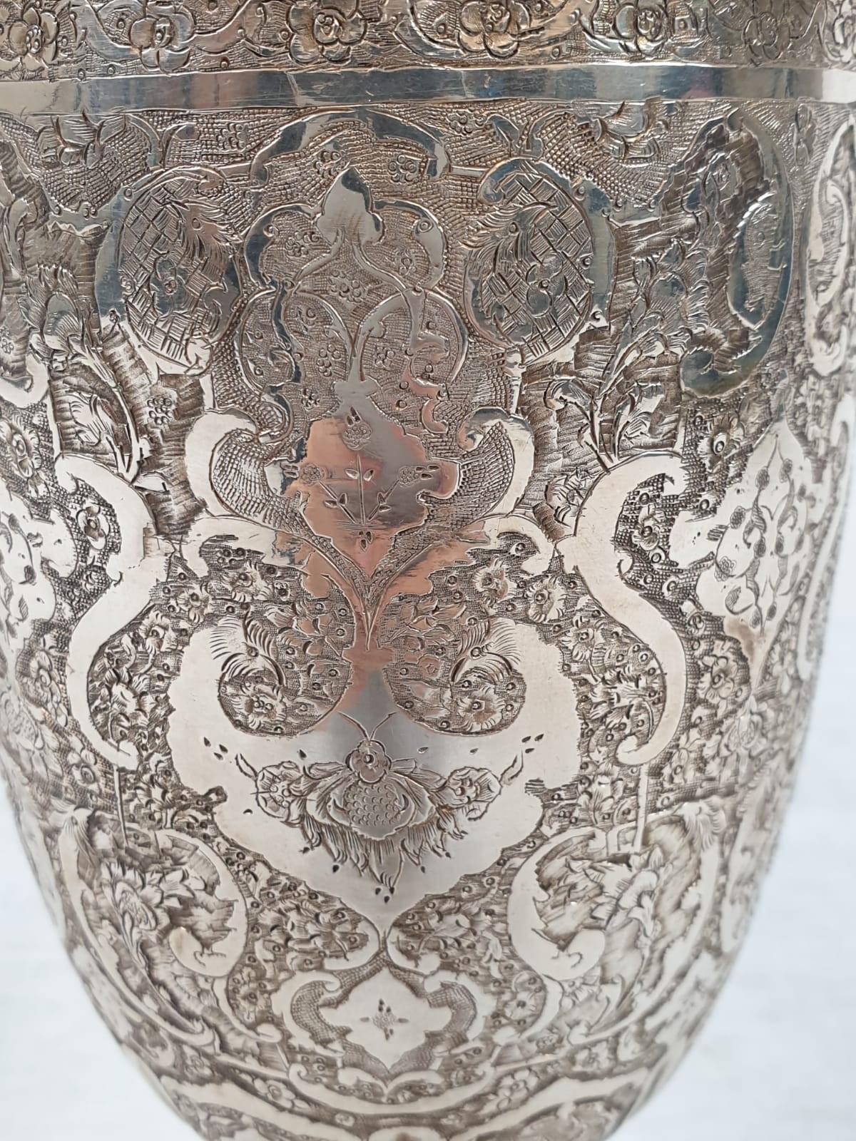 Very large antique Persian solid silver hand engraved twin handled vase, weight 838g , H35.7 X W15. - Image 7 of 19