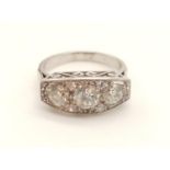 Art deco French diamond trilogy ring set in 18k white gold, weight 3.5g and approx 1.4ct diamonds,