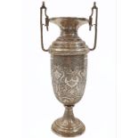 Very large antique Persian solid silver hand engraved twin handled vase, weight 838g , H35.7 X W15.