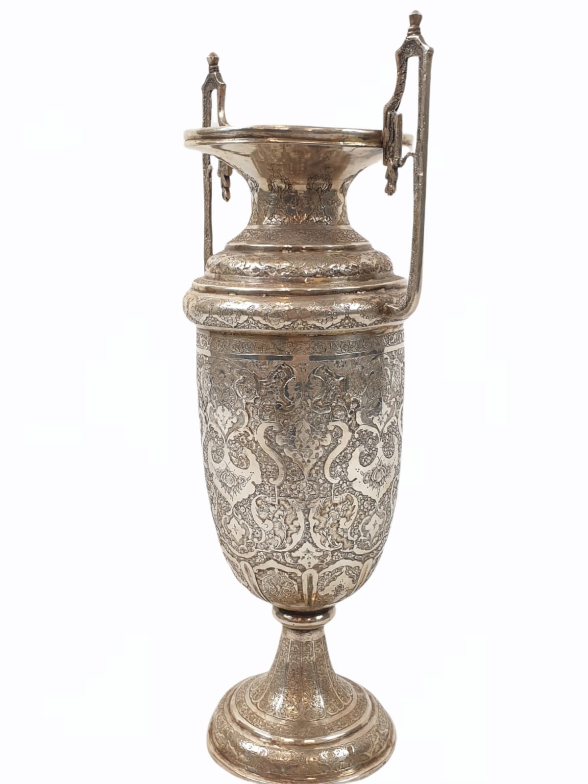 Very large antique Persian solid silver hand engraved twin handled vase, weight 838g , H35.7 X W15. - Image 2 of 19