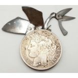 Rare 1849 Eloi Pernet 5 Franc Coin with built-in Cigar Cutter and Miniature Scissors. Good