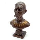 Antique German Bronzed Spelter Cigar Lighter Bust of Konig Makoke. Raised on a square plinth, with