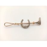 Edwardian antique Horse shoe and riding crop bar brooch set in 14k yellow gold, weight 6.3g and