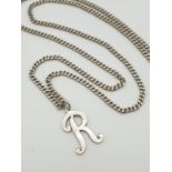 Silver Necklace with R Pendant. 60cm. 12.18g. R - 2cm