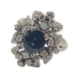 14k white gold diamond cluster ring with sapphire centre marked Tiffany & Co , weight 6.2g and