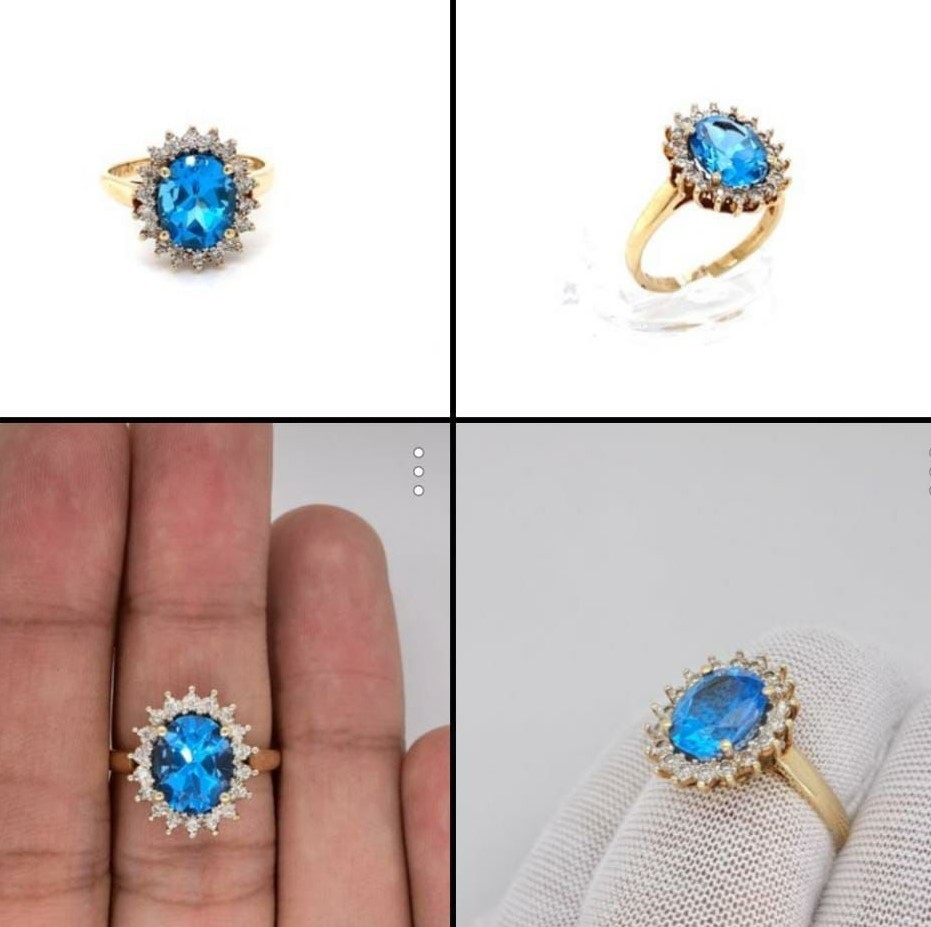 14k yellow gold ring set with large blue Topaz centre and surrounded by brilliant diamonds, weight