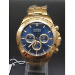A brand new (with tags), gent?s HUGO BOSS Chronograph watch. Gold plated with dark blue face, in