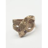 14K Yellow Gold Snake Ring with Ruby Eyes. 6.8g. Size X