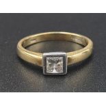 18k Yellow Gold Diamond Ladies Ring. Size J. 3.11g. Princess cut diamond. Original heart-shaped box.