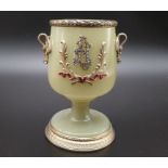 Russian silver gilt enamel diamond and jade large goblet cup in original box. 269.4gms 11cms in