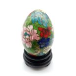 Vintage Miniature Cloisonné Egg on Wooden Stand. Beautiful floral decoration. 8cm tall.