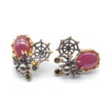 Pair of silver ruby earrings in shape of Spider and web, weight 15g
