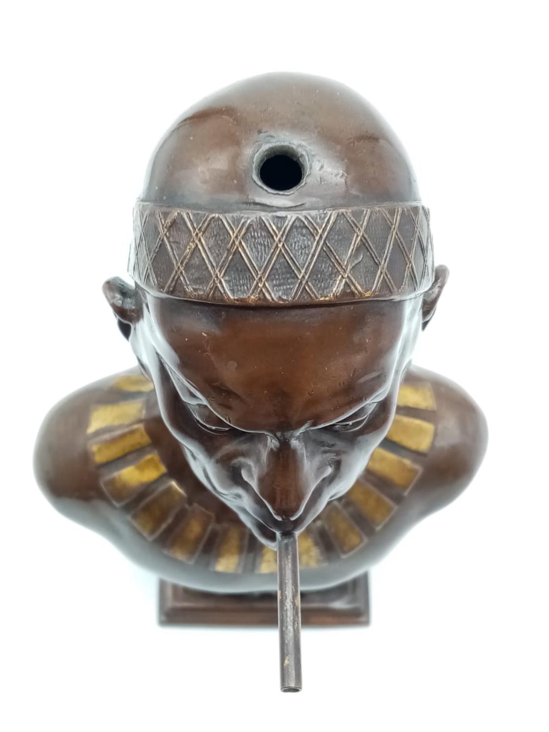 Antique German Bronzed Spelter Cigar Lighter Bust of Konig Makoke. Raised on a square plinth, with - Image 6 of 6