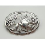 Silver Stork and Flower Brooch. 4 x 3cm. 8.92g