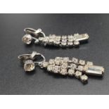 Pair of White Metal Art Deco Style Drop Earrings - With Multiple White Stones.