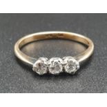 18k Yellow Gold Three-Stone Diamond Ring. 2.04g weight. .4 Carat of clean diamonds.