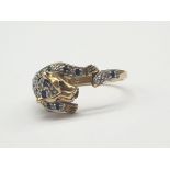 9K Yellow Gold Diamond and Sapphire Set Panther Ring. 3.2g. Size R.