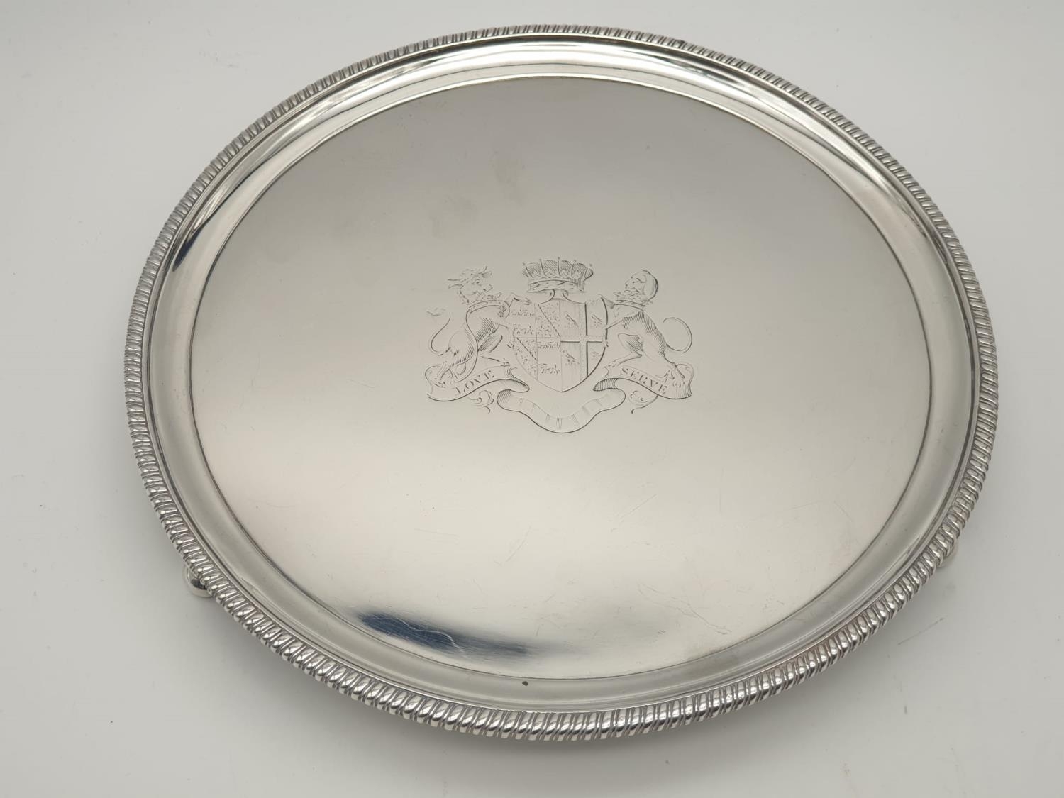 Antique Georgian Silver Footed Tray. Ornate decorative edge and feet. Love and Serve shield and - Image 2 of 9