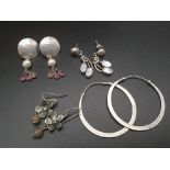 Four Pairs of Silver Earrings. Hoop, Circle Dangle, Shamrock Dangle and Whitestone Dangle. 20.26g
