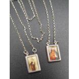 White Metal Necklace with Two Enamel Religious Image Pendants. 52cm