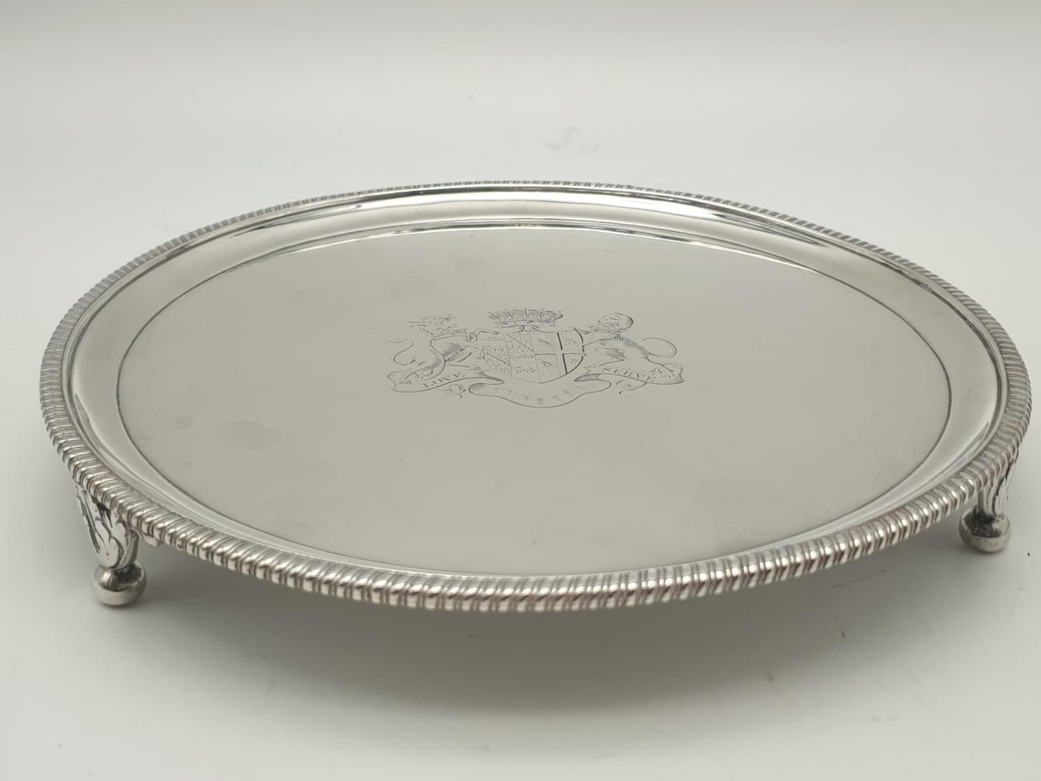 Antique Georgian Silver Footed Tray. Ornate decorative edge and feet. Love and Serve shield and