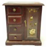 Delightful Small Mahogany Vintage Wooden Jewellery Chest. Four felt inlaid drawers and a main