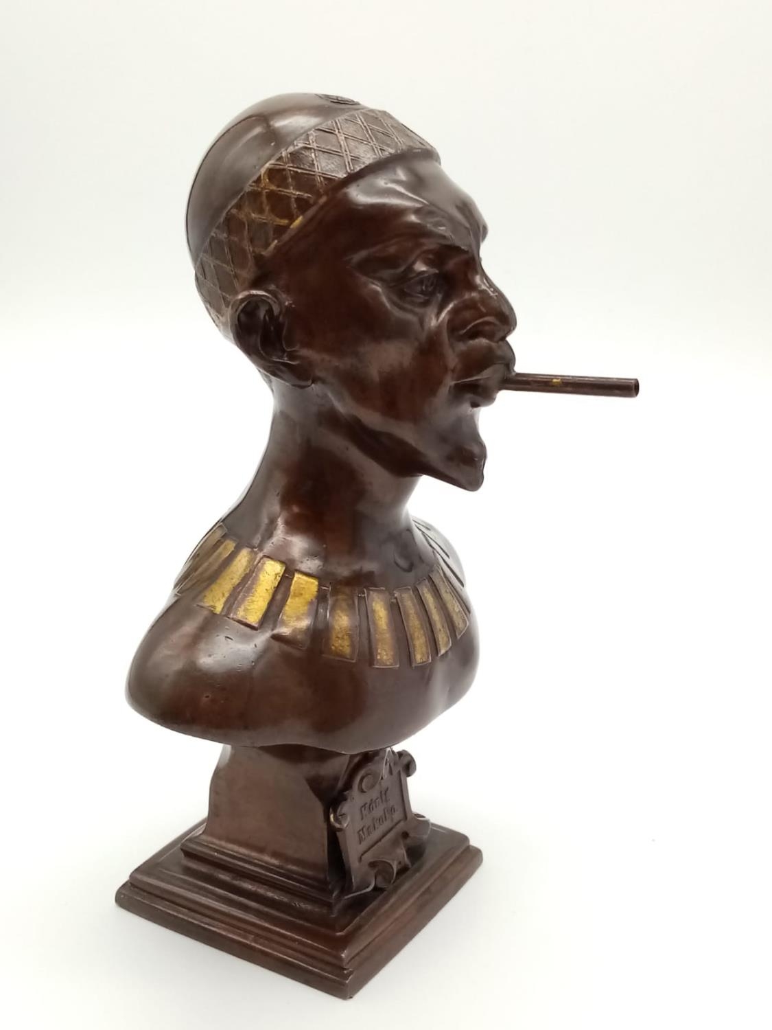 Antique German Bronzed Spelter Cigar Lighter Bust of Konig Makoke. Raised on a square plinth, with - Image 2 of 6