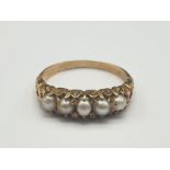 18K Yellow Gold Five Pearl Ring. Size R. 3.8g