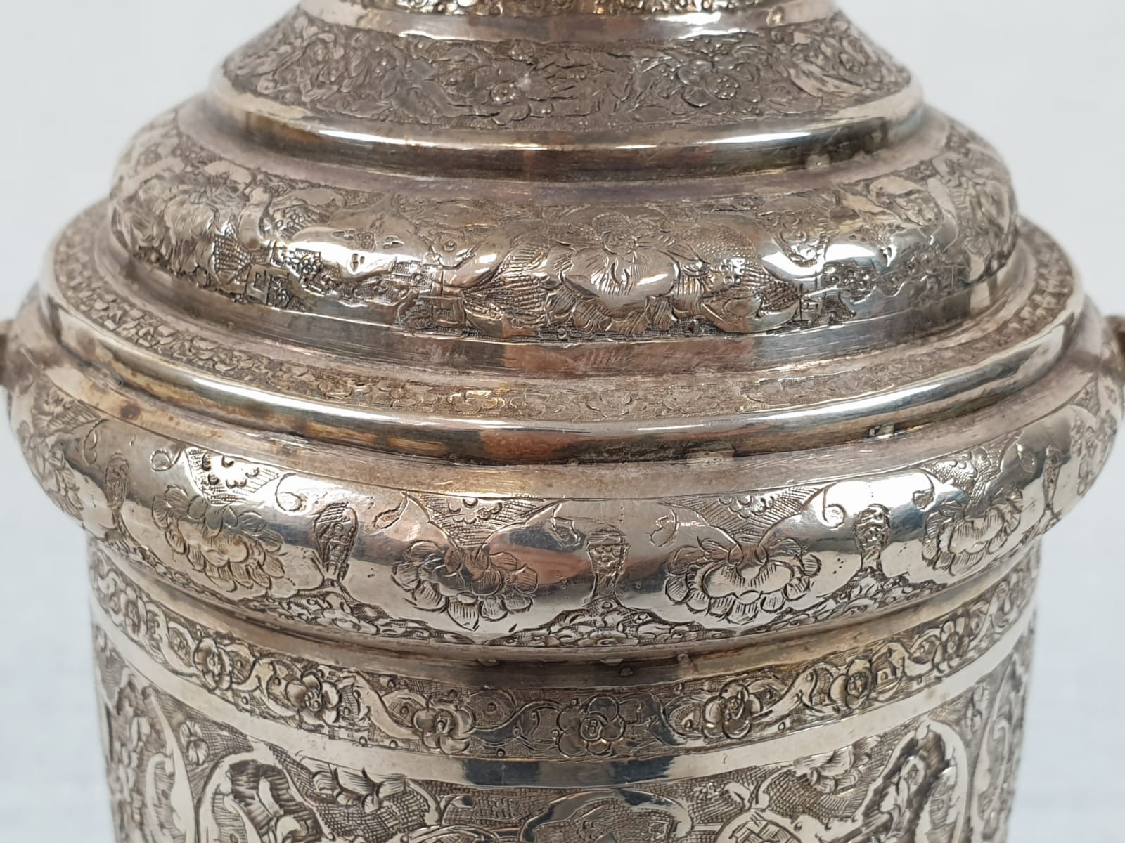 Very large antique Persian solid silver hand engraved twin handled vase, weight 838g , H35.7 X W15. - Image 17 of 19