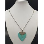 Silver Flat Curb Necklace with Turquoise Enamel Pendant. 50cm. 11.67g