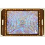 A vintage wooden tray with iridescent butterfly wings in a stunning design under glass. Total size