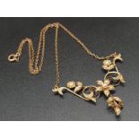 Edwardian 15k Yellow Gold Necklace with Flowers and Pearl Seeds. 40cm. 5.82g