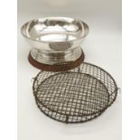 Mappin and Webb Silver Bowl (1938). Pierced Decoration, Oak Stand with rose wire web top.