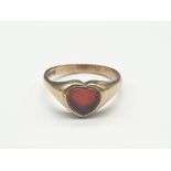 9K Yellow Gold Cornelian Heart Signet Ring. 3g Size O.