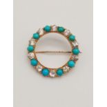 Yellow gold turquoise brooch, WEIGHT 2.4G and 25mm diameter