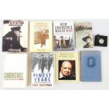 A collection of 8 Winston Churchill books and a Winston Churchill1965 crown coin in a presentation
