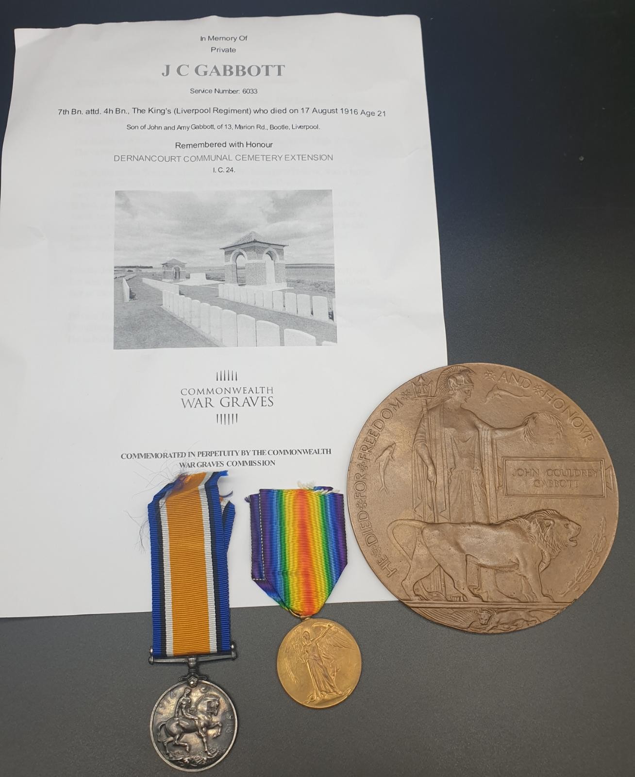 Somme Casualty Medals & Death Plaque. Pte J.C.Gabbott 7th Bn-Attached 4th Bn Kings Liverpool Reg.