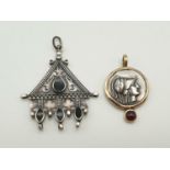 Two Silver Pendants. Cleopatra and Mark Antony and Temple with Black stones. 11.83g total weight