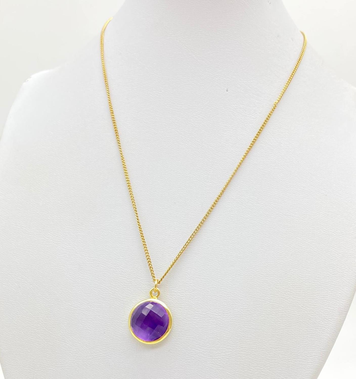Natural Amethyst Pendant on a Yellow Metal Necklace. 42cm. 5.7g