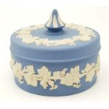 Vintage Wedgewood Trinket Box. White Grape and Vine Decoration on Pale Blue. 8cm diameter. 6cm tall.