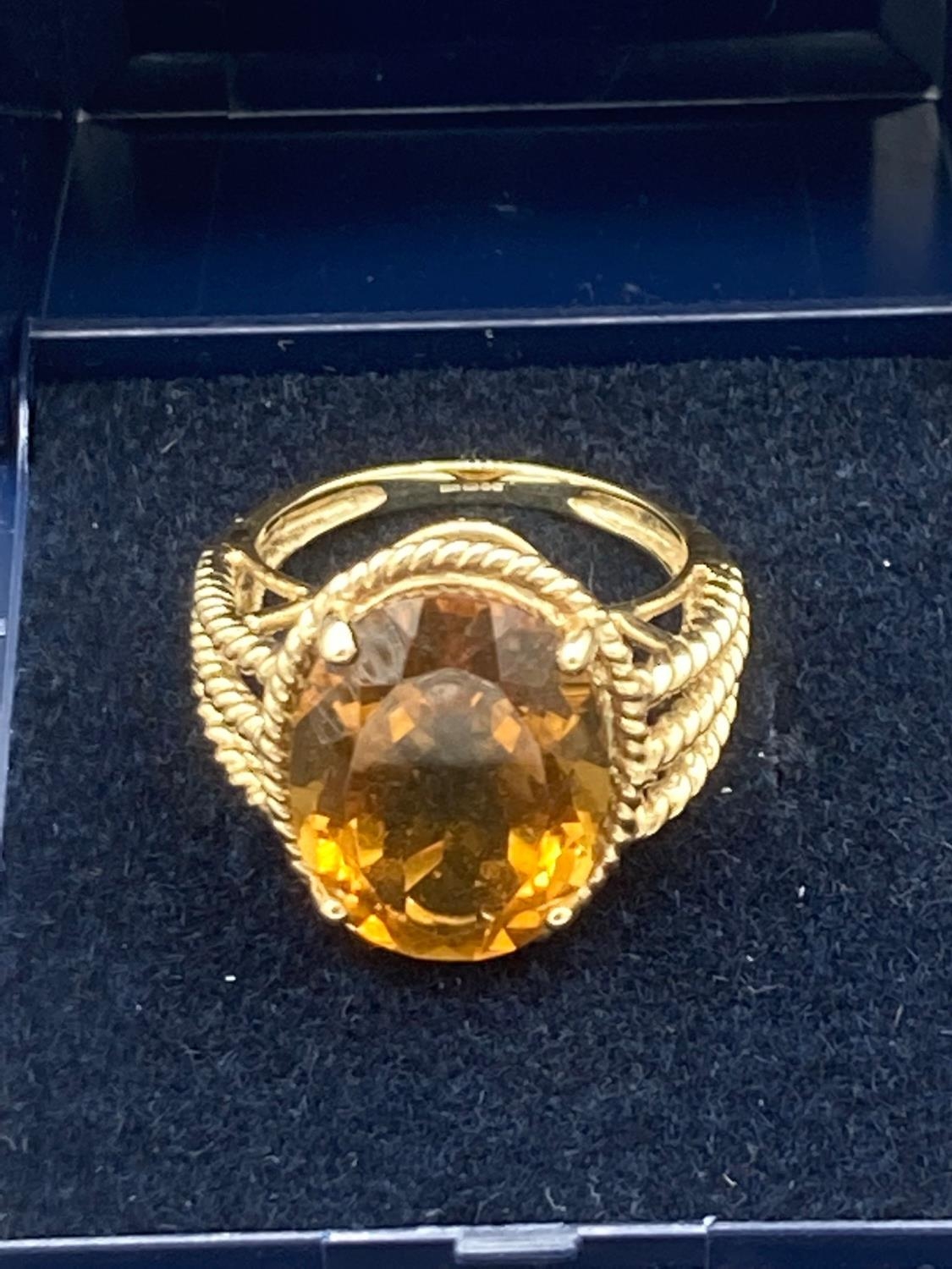 9 carat Gold ring set with Brown Tourmaline ,having large faceted oval stone to top with rope