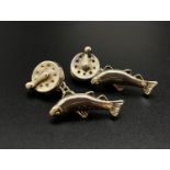 White Metal (possibly Palladium) Salmon and Reel Design Cufflinks. 13.9g