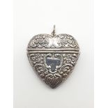 Embossed Silver Heart Shaped pill box in Pendant setting, 4 x 4cm. 14.2g